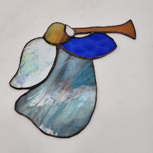 Stained Glass Angel Suncatcher Blue & White Iridescent Glass