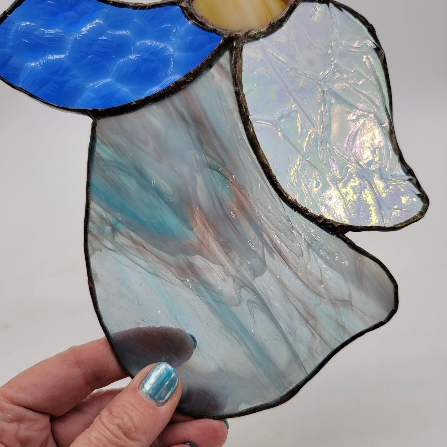 Stained Glass Angel Suncatcher Blue & White Iridescent Glass