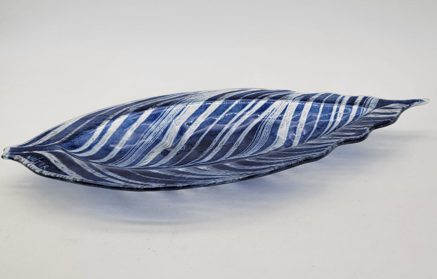 Edwin D. Walter Art Glass Blue & White Leaf Dish