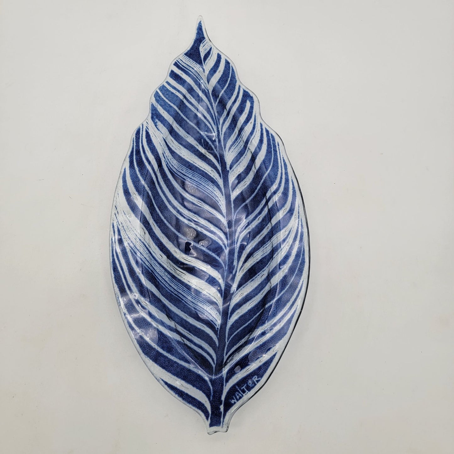 Edwin D. Walter Art Glass Blue & White Leaf Dish