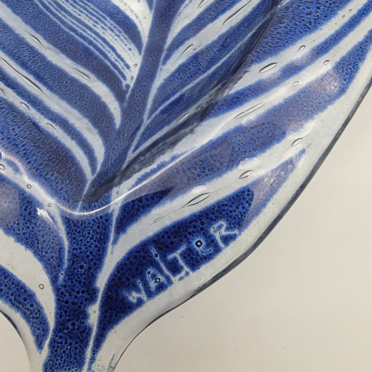 Edwin D. Walter Art Glass Blue & White Leaf Dish