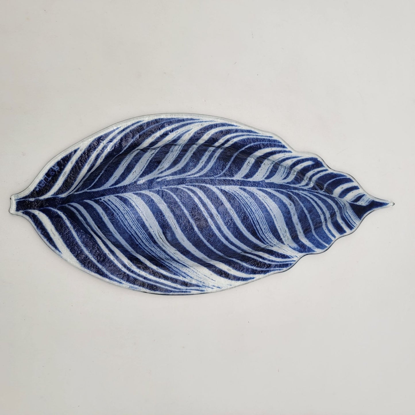 Edwin D. Walter Art Glass Blue & White Leaf Dish