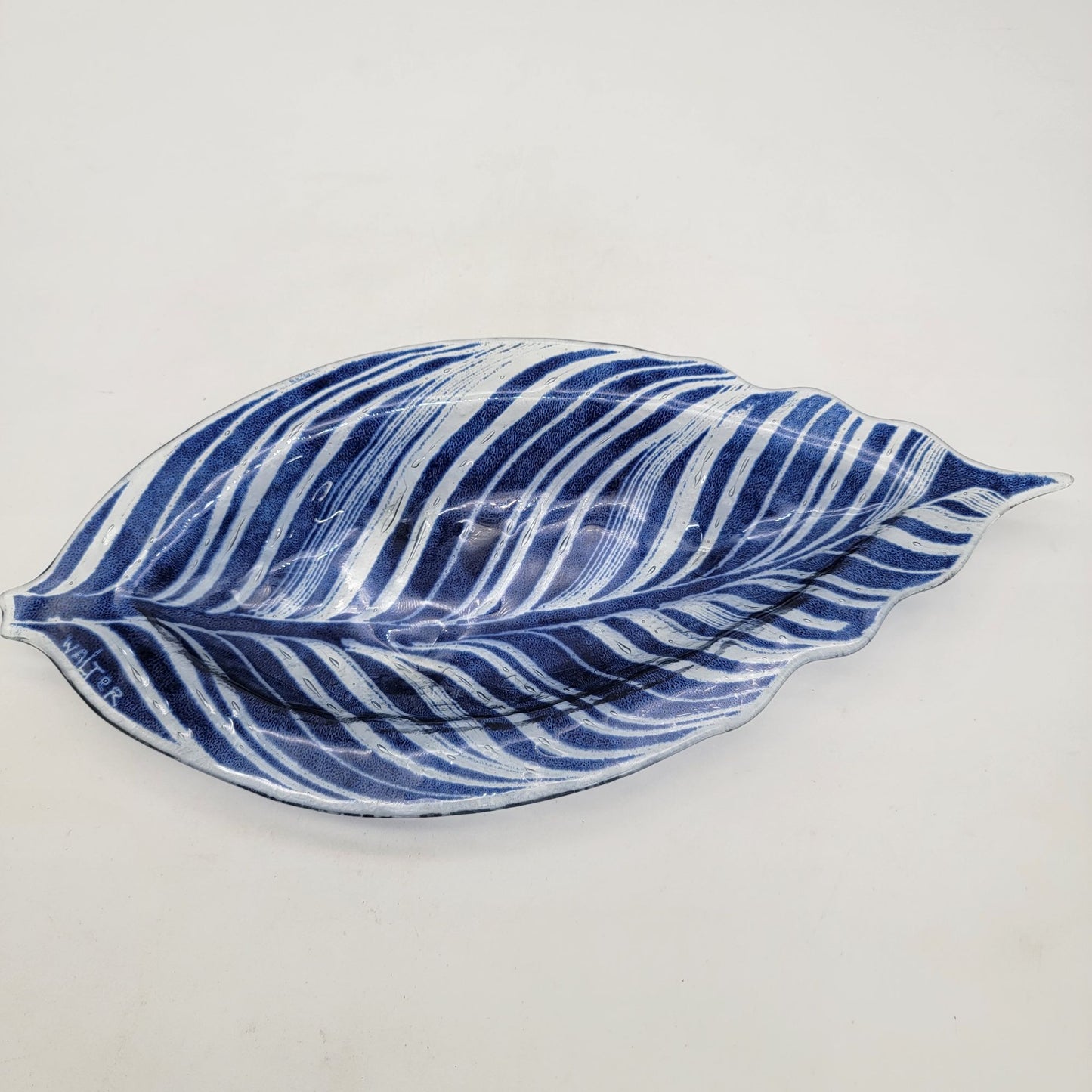 Edwin D. Walter Art Glass Blue & White Leaf Dish