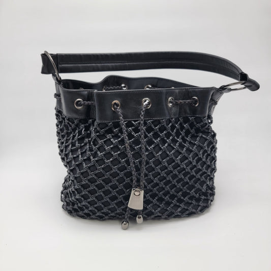 Black Basket Weave Mesh Bucket Shoulder Bag Purse