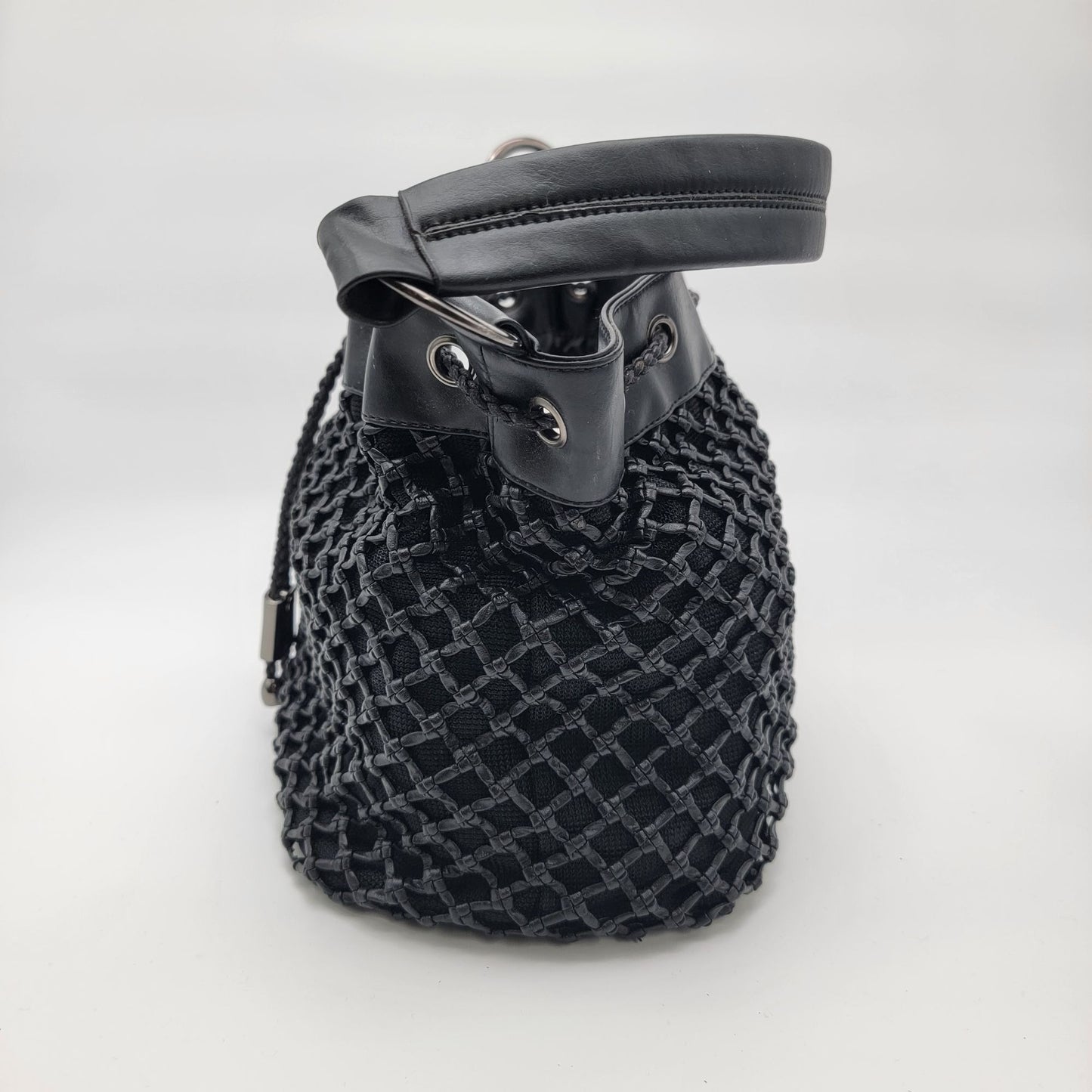 Black Basket Weave Mesh Bucket Shoulder Bag Purse