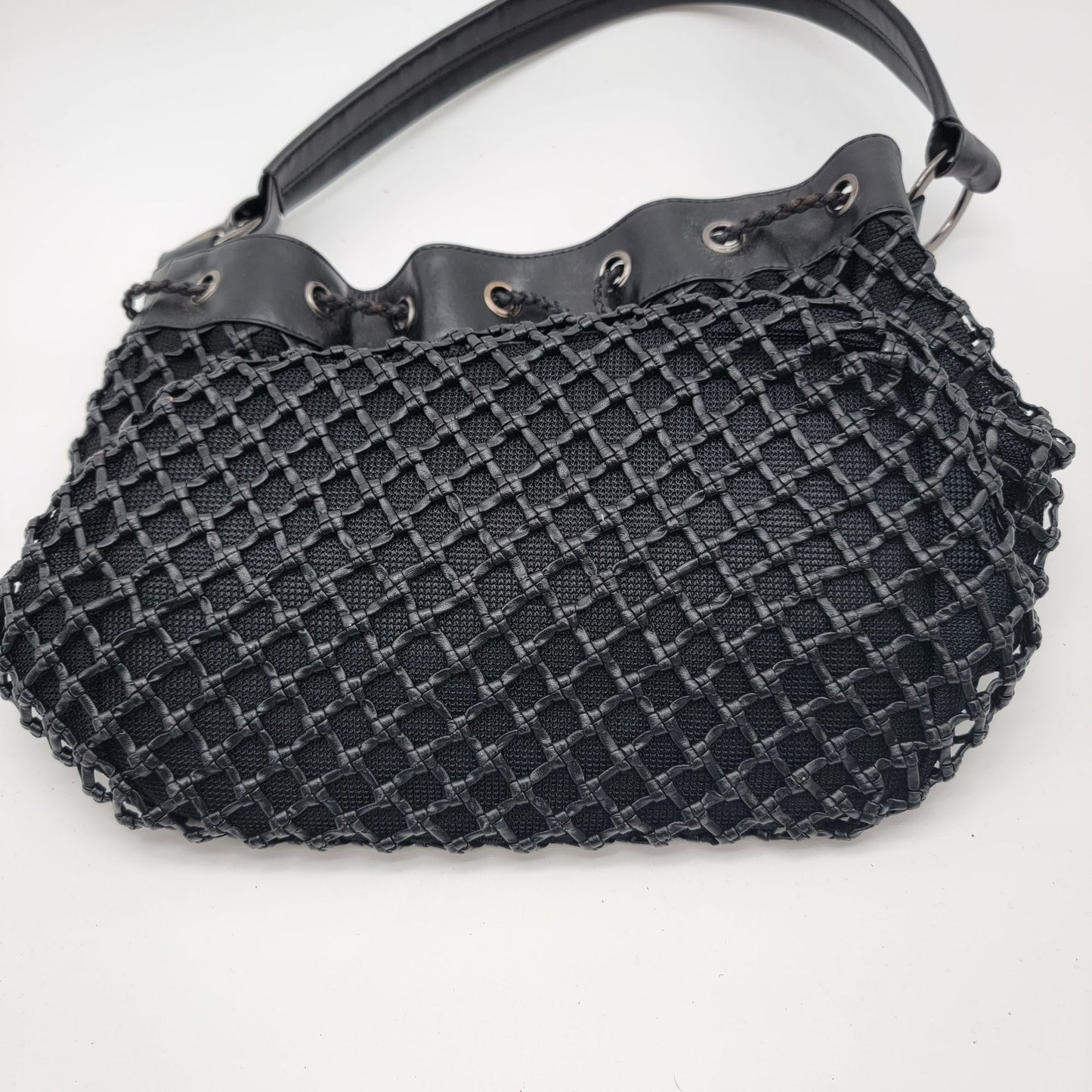 Black Basket Weave Mesh Bucket Shoulder Bag Purse