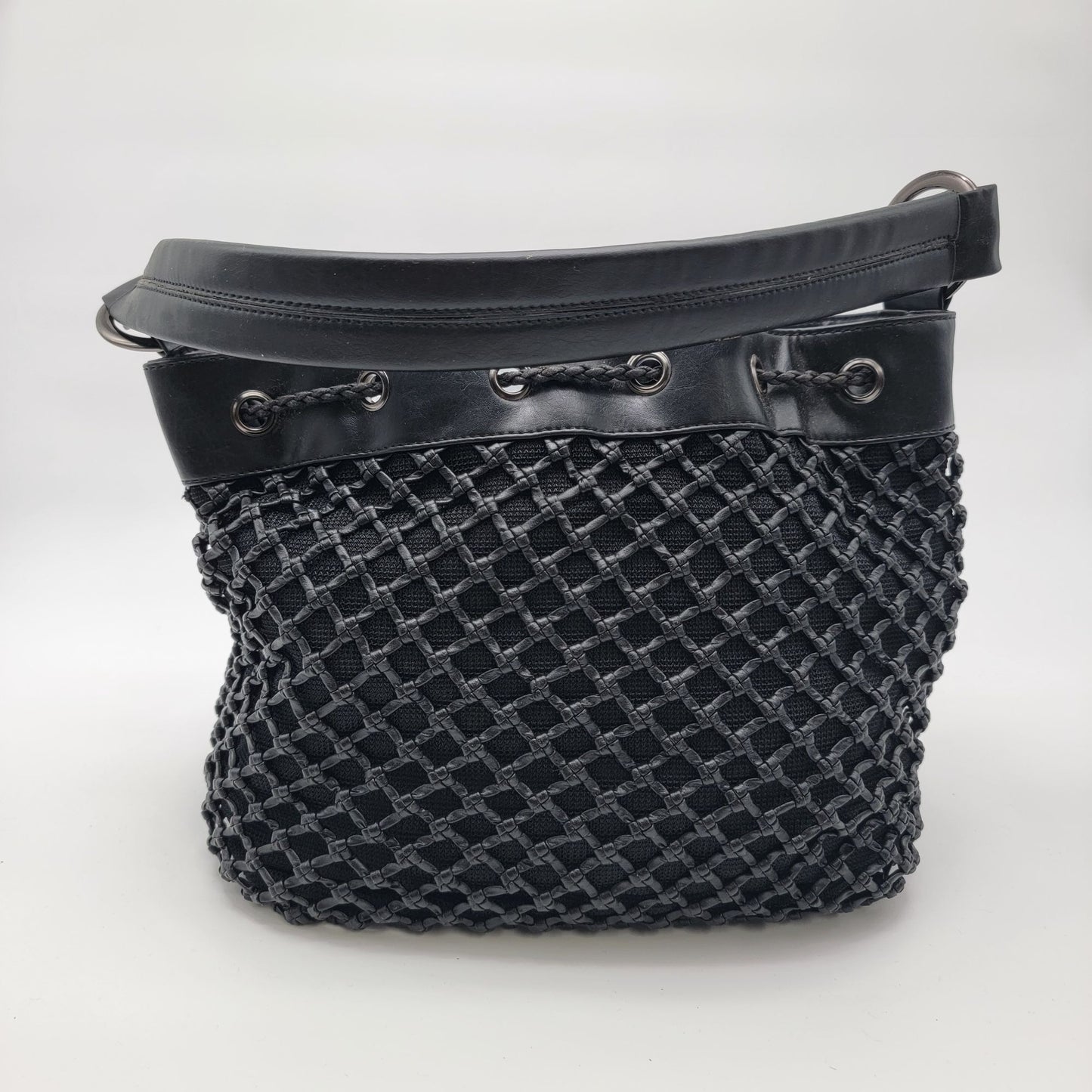 Black Basket Weave Mesh Bucket Shoulder Bag Purse