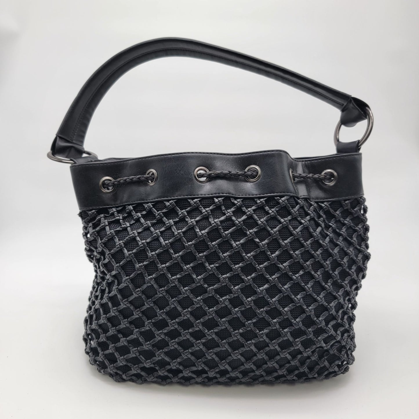 Black Basket Weave Mesh Bucket Shoulder Bag Purse
