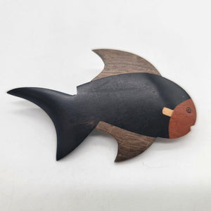 1970s Exotic Woods Parquetry Fish Brooch Pin