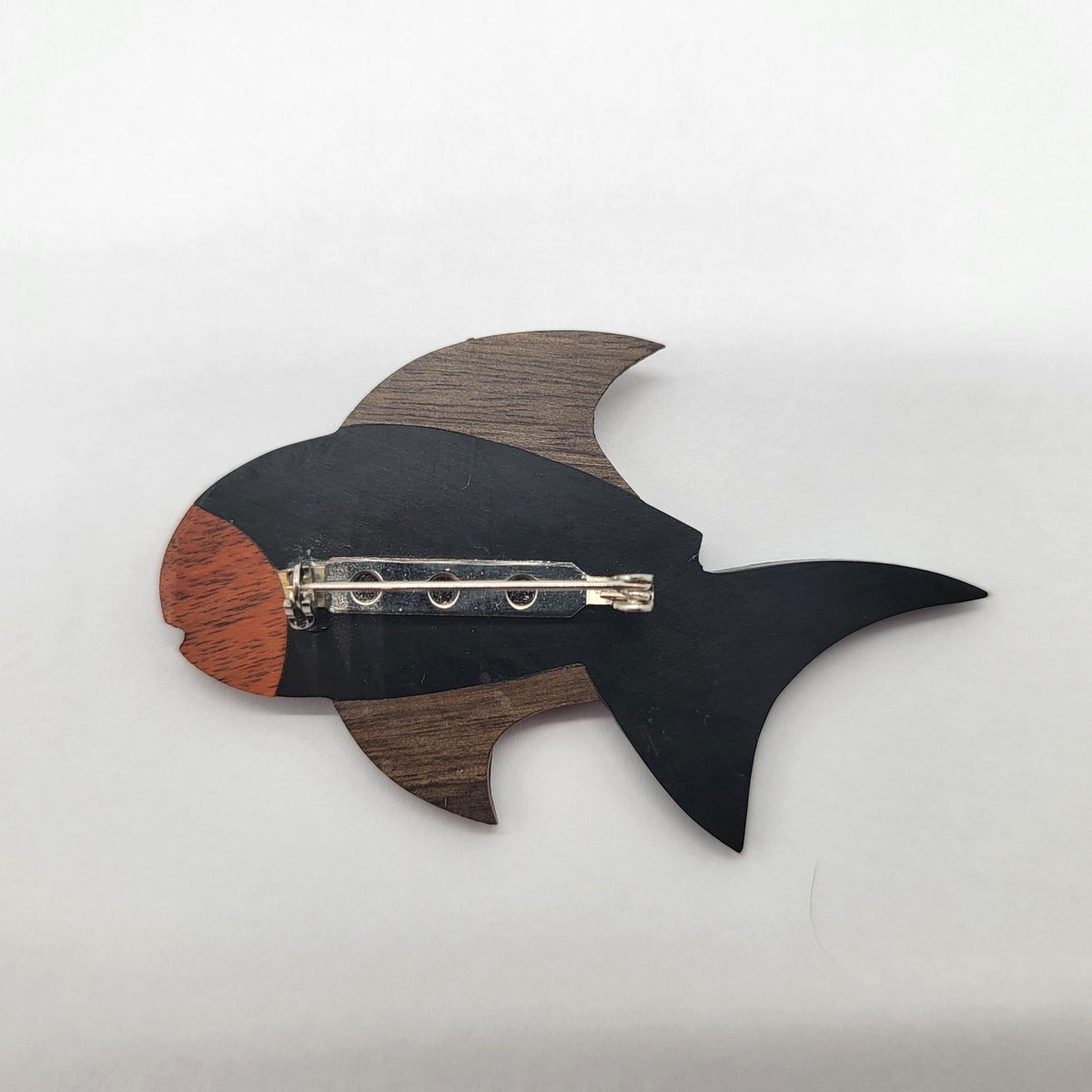 1970s Exotic Woods Parquetry Fish Brooch Pin