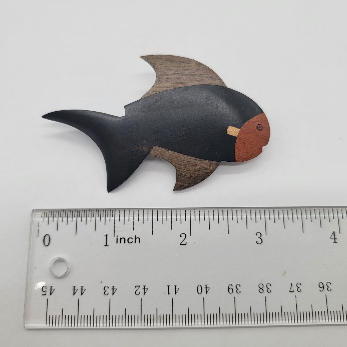 1970s Exotic Woods Parquetry Fish Brooch Pin