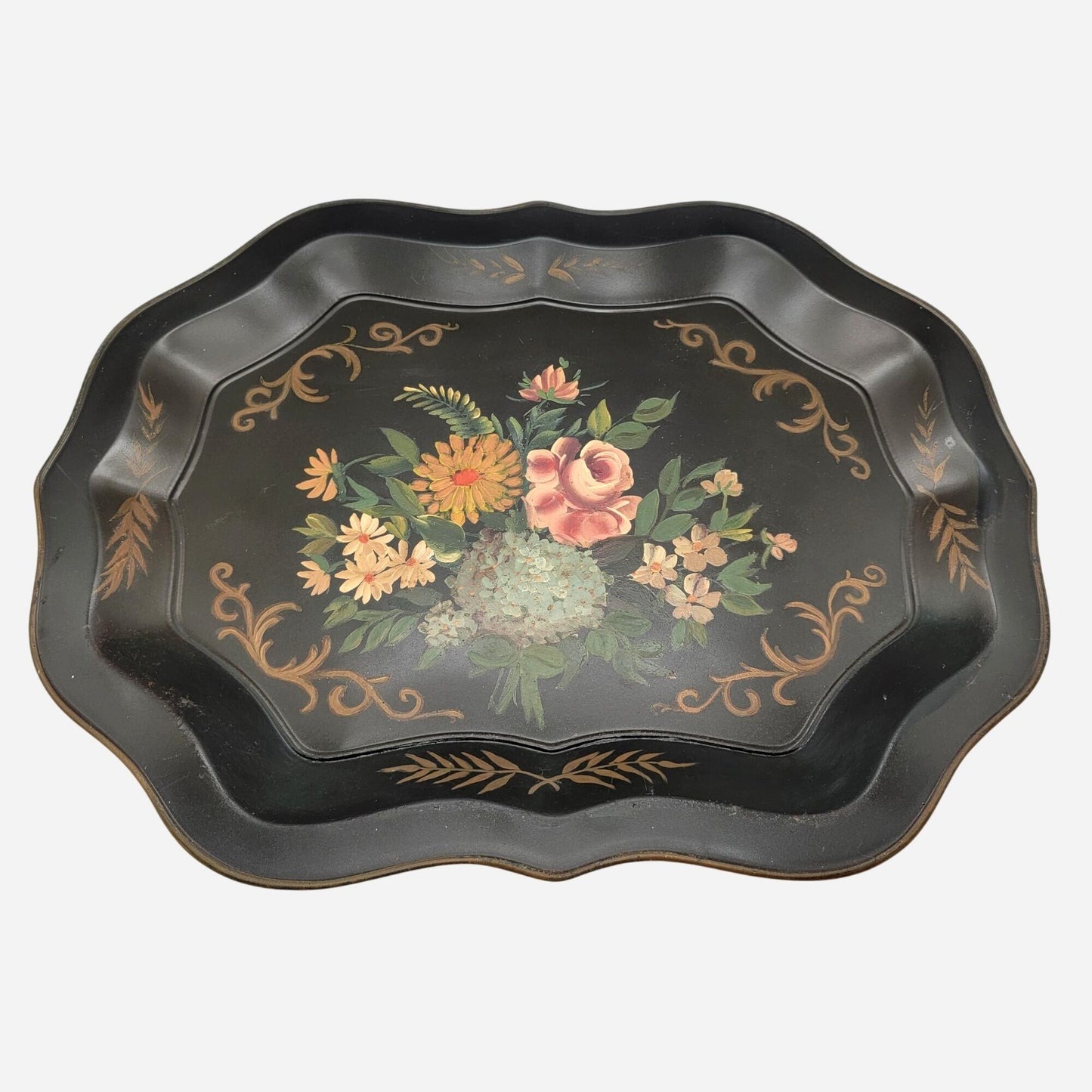 Vintage Large Black Hand Painted Floral Bouquet Toleware Tray