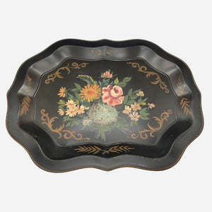 Vintage Large Black Hand Painted Floral Bouquet Toleware Tray