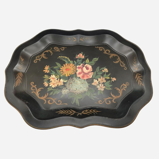 Vintage Large Black Hand Painted Floral Bouquet Toleware Tray