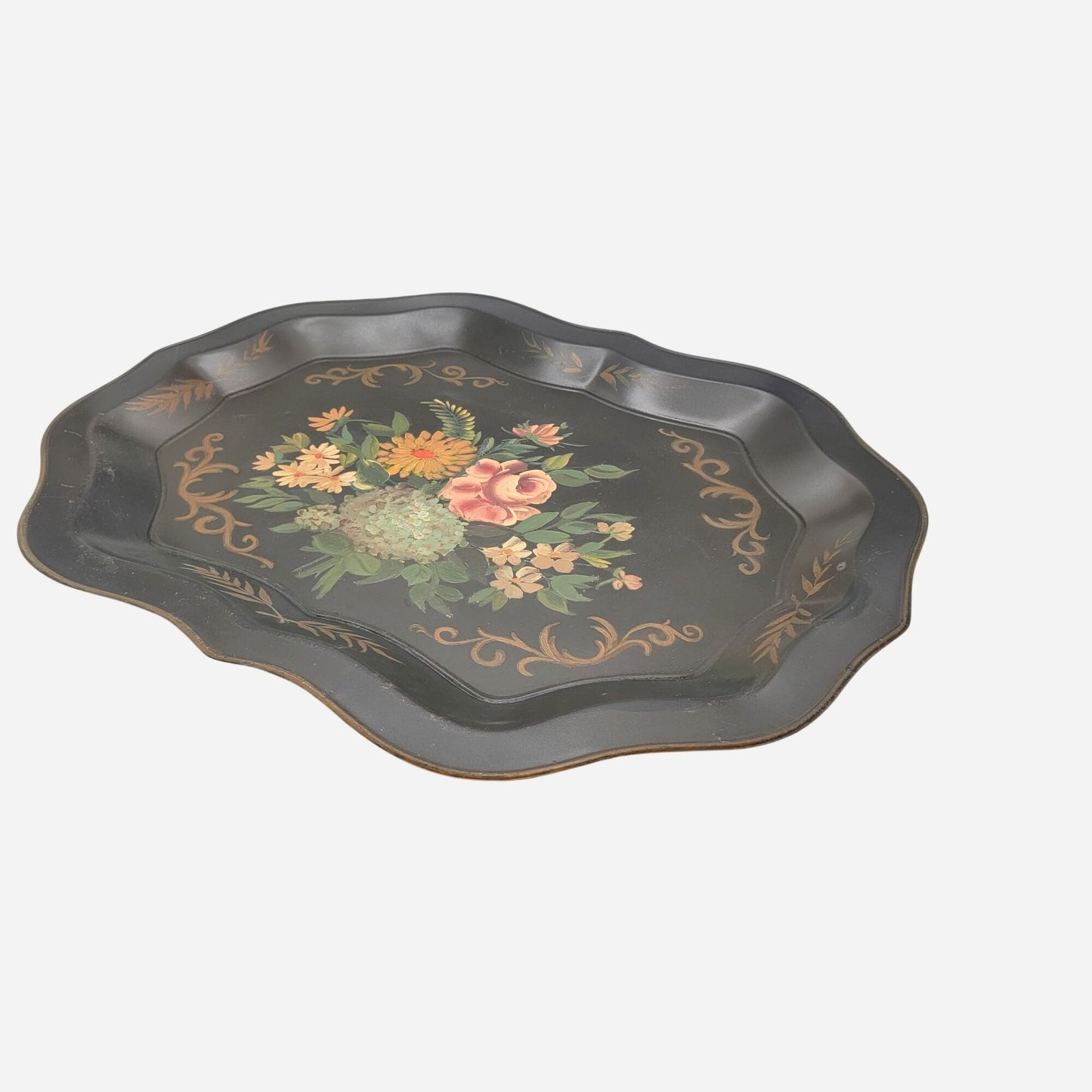 Vintage Large Black Hand Painted Floral Bouquet Toleware Tray