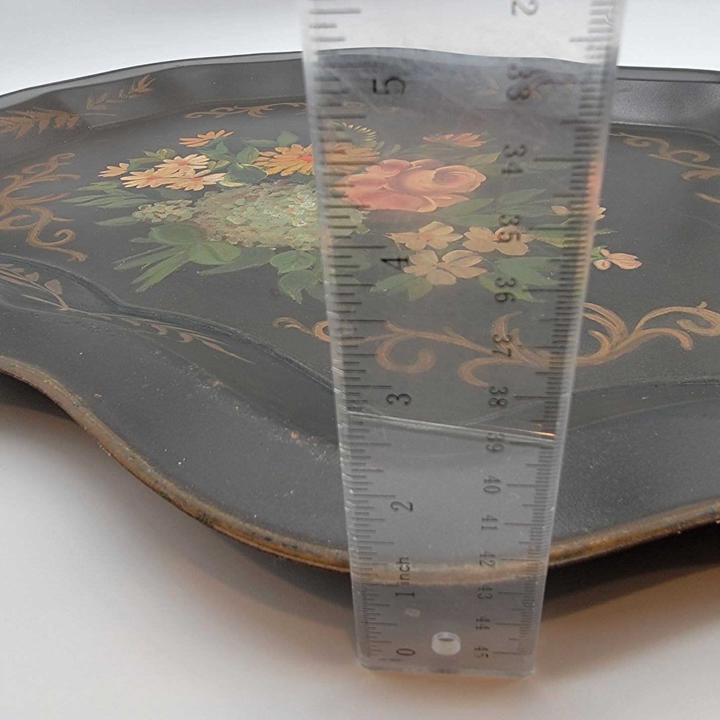 Vintage Large Black Hand Painted Floral Bouquet Toleware Tray
