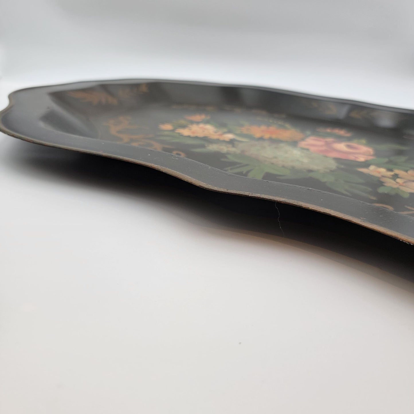 Vintage Large Black Hand Painted Floral Bouquet Toleware Tray