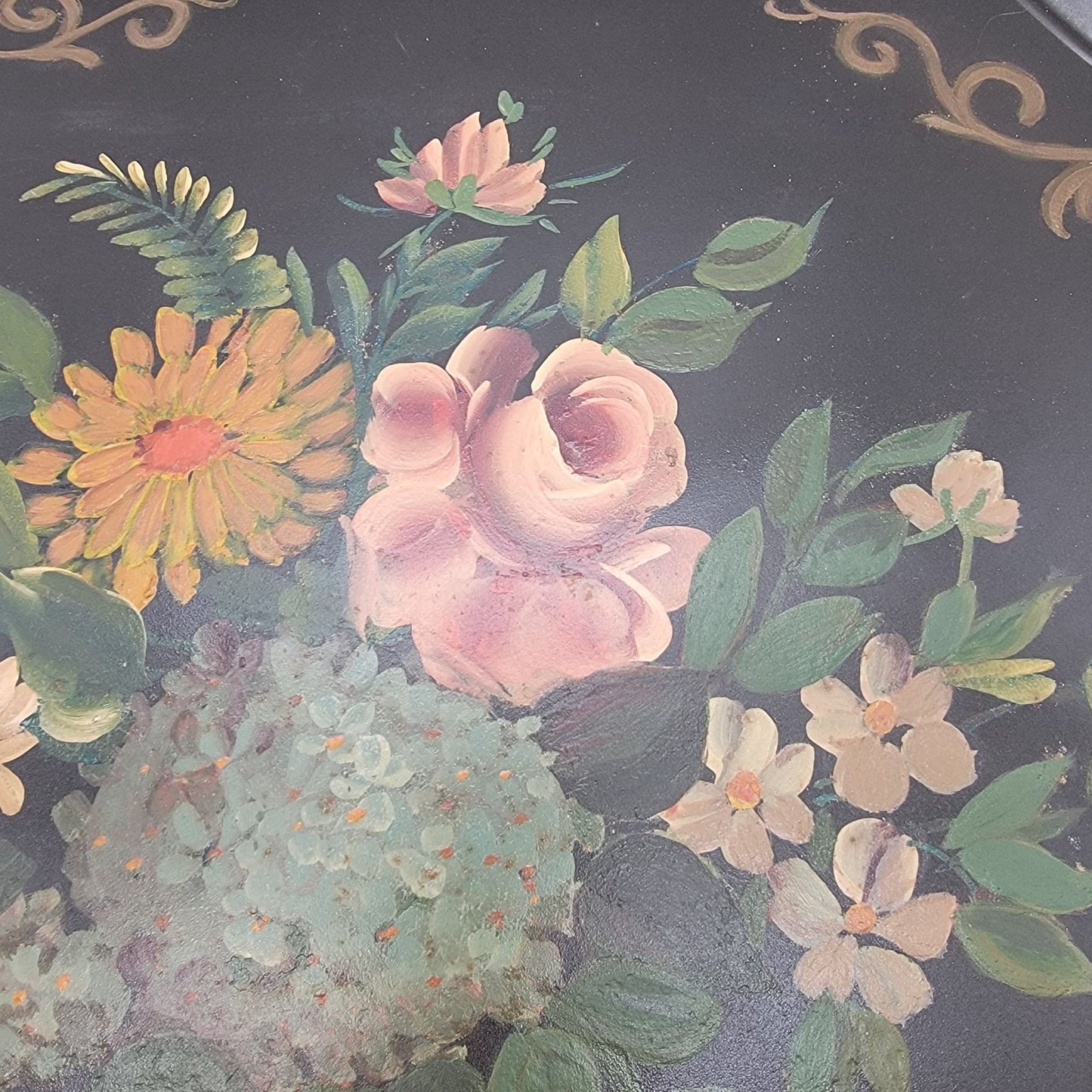 Vintage Large Black Hand Painted Floral Bouquet Toleware Tray