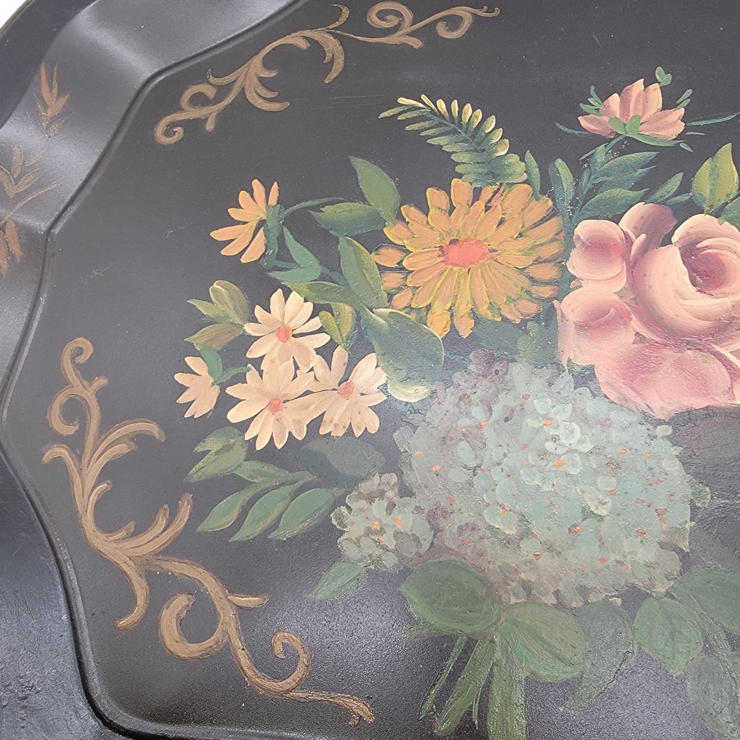 Vintage Large Black Hand Painted Floral Bouquet Toleware Tray