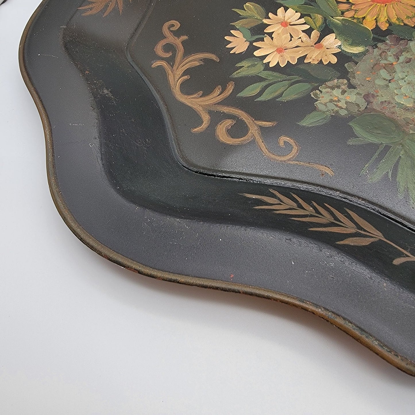 Vintage Large Black Hand Painted Floral Bouquet Toleware Tray