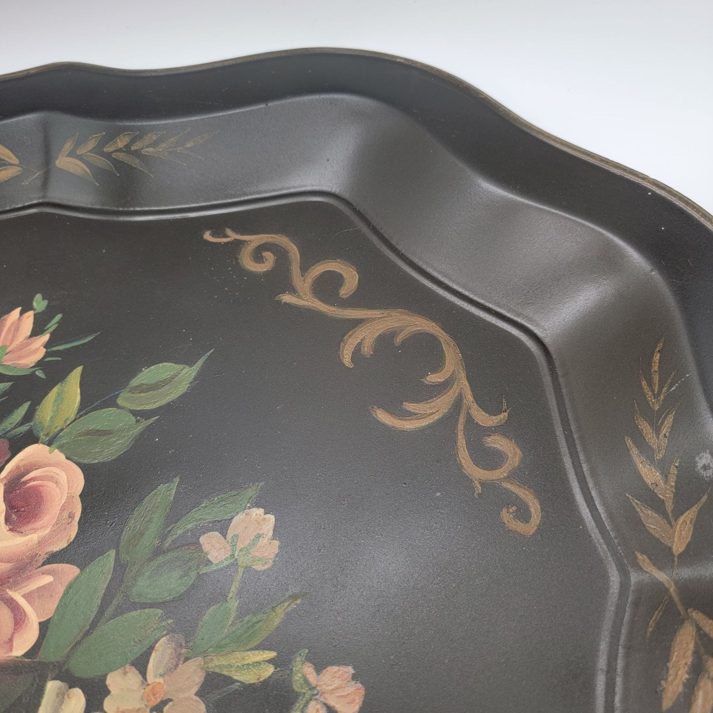 Vintage Large Black Hand Painted Floral Bouquet Toleware Tray
