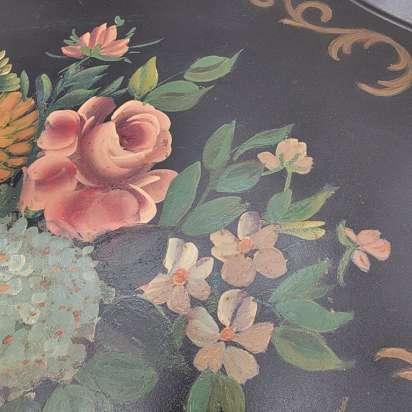 Vintage Large Black Hand Painted Floral Bouquet Toleware Tray