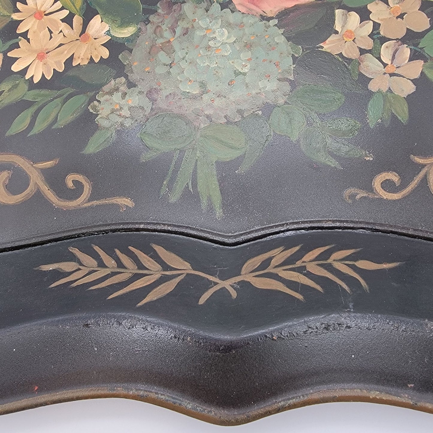 Vintage Large Black Hand Painted Floral Bouquet Toleware Tray