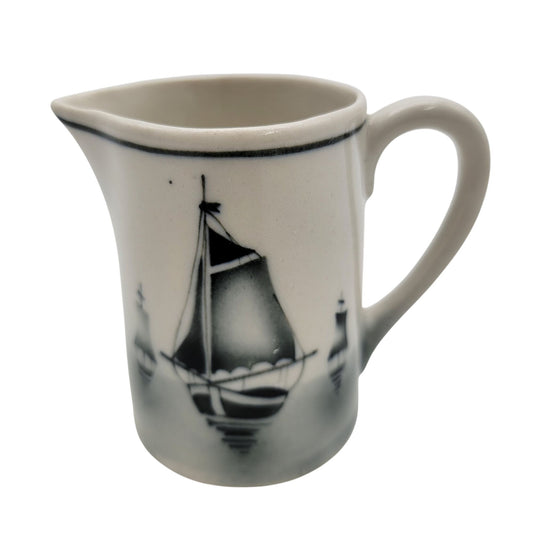 Vintage 1930s Blue Delft Czech Porcelain Pitcher With Ship Design