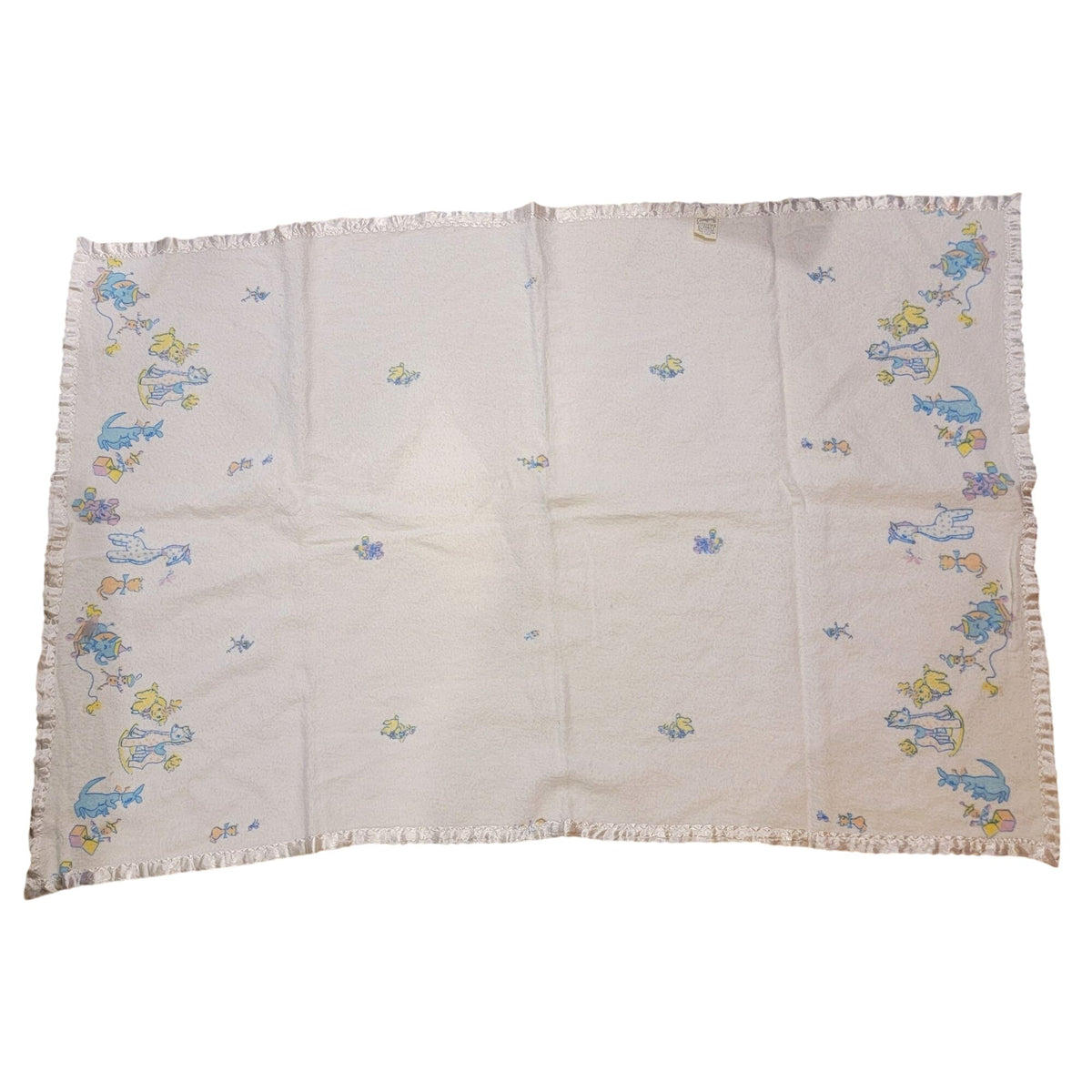Vintage Baby Blanket With Pastel Animal Print & Satin Trim
