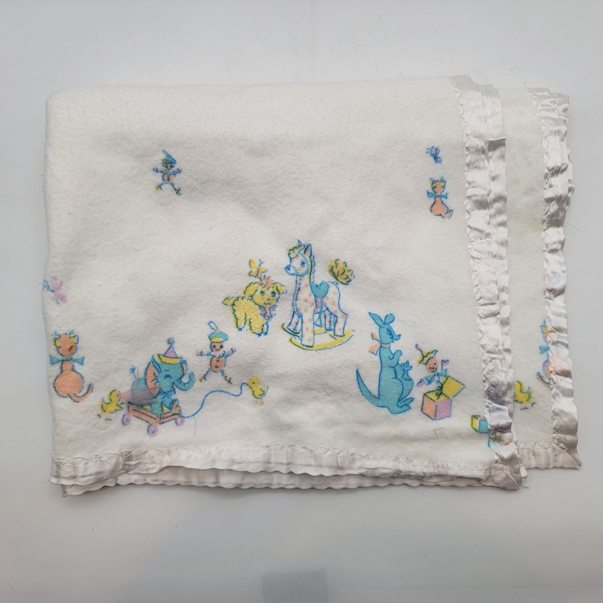 Vintage Baby Blanket With Pastel Animal Print & Satin Trim