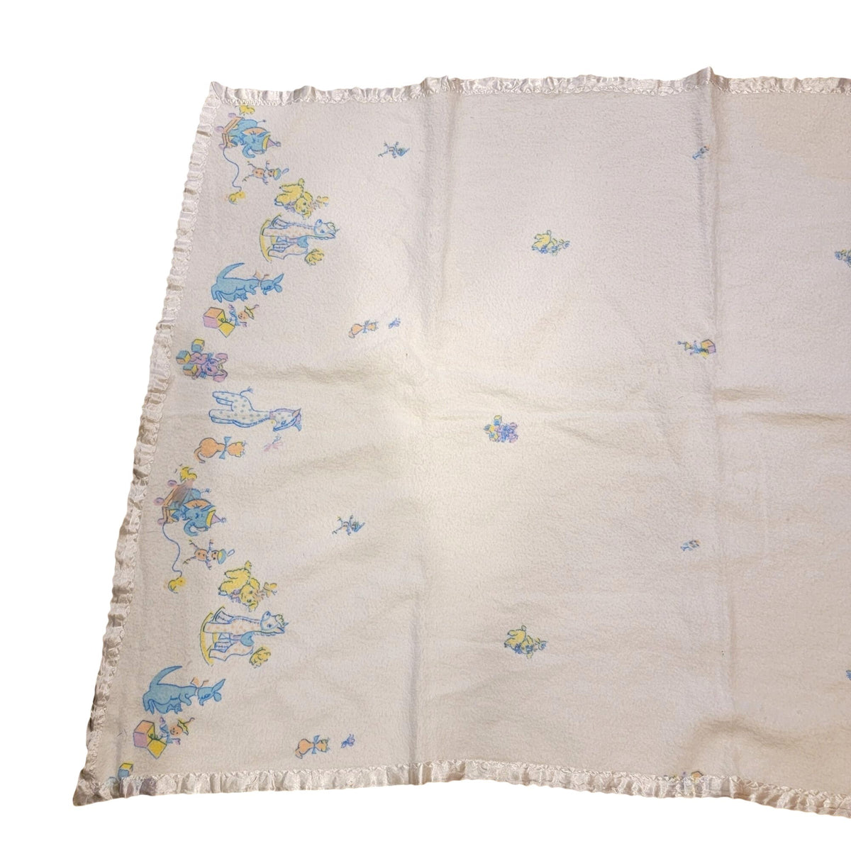 Vintage Baby Blanket With Pastel Animal Print & Satin Trim