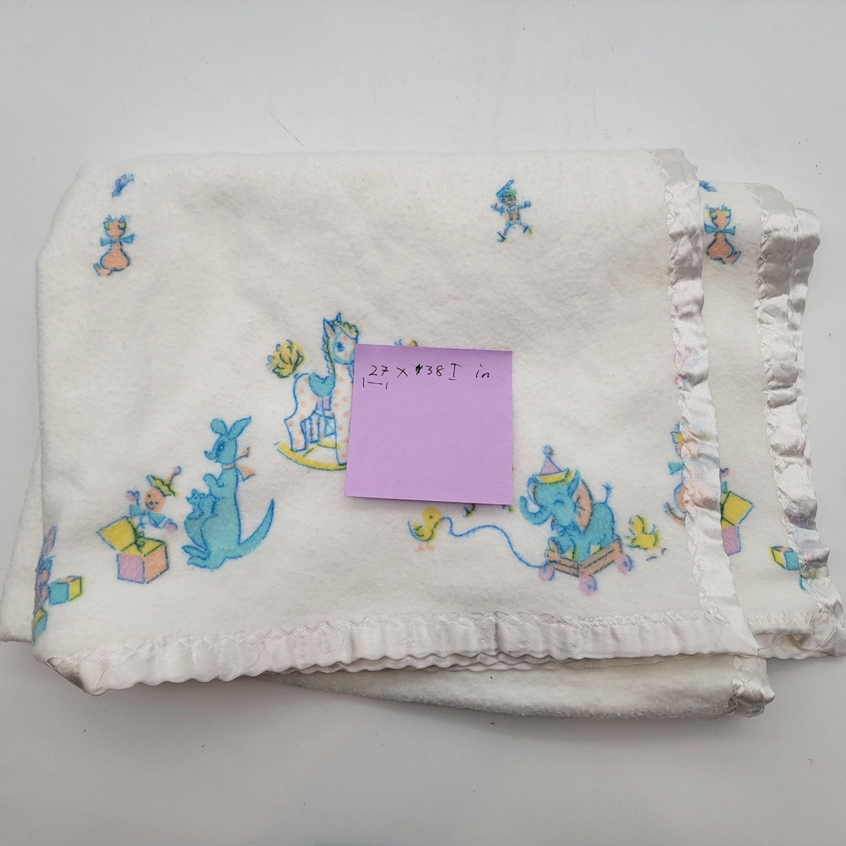 Vintage Baby Blanket With Pastel Animal Print & Satin Trim