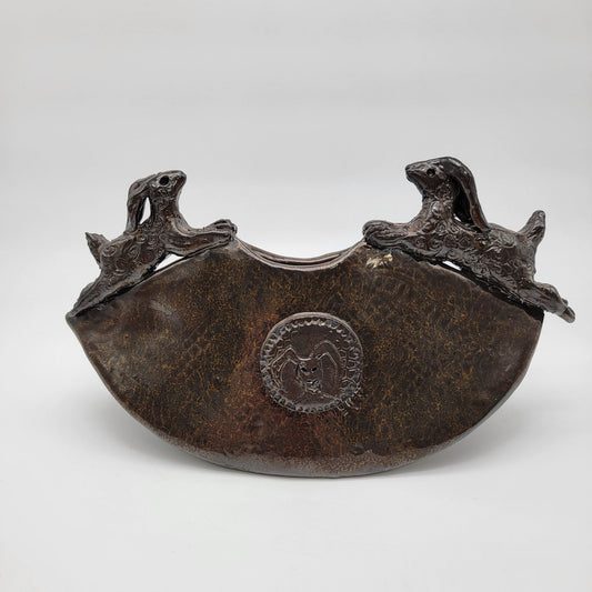 Mid-Century Modern Brutalist Crescent Hares Medallion Art Pottery Vase With Rabbits