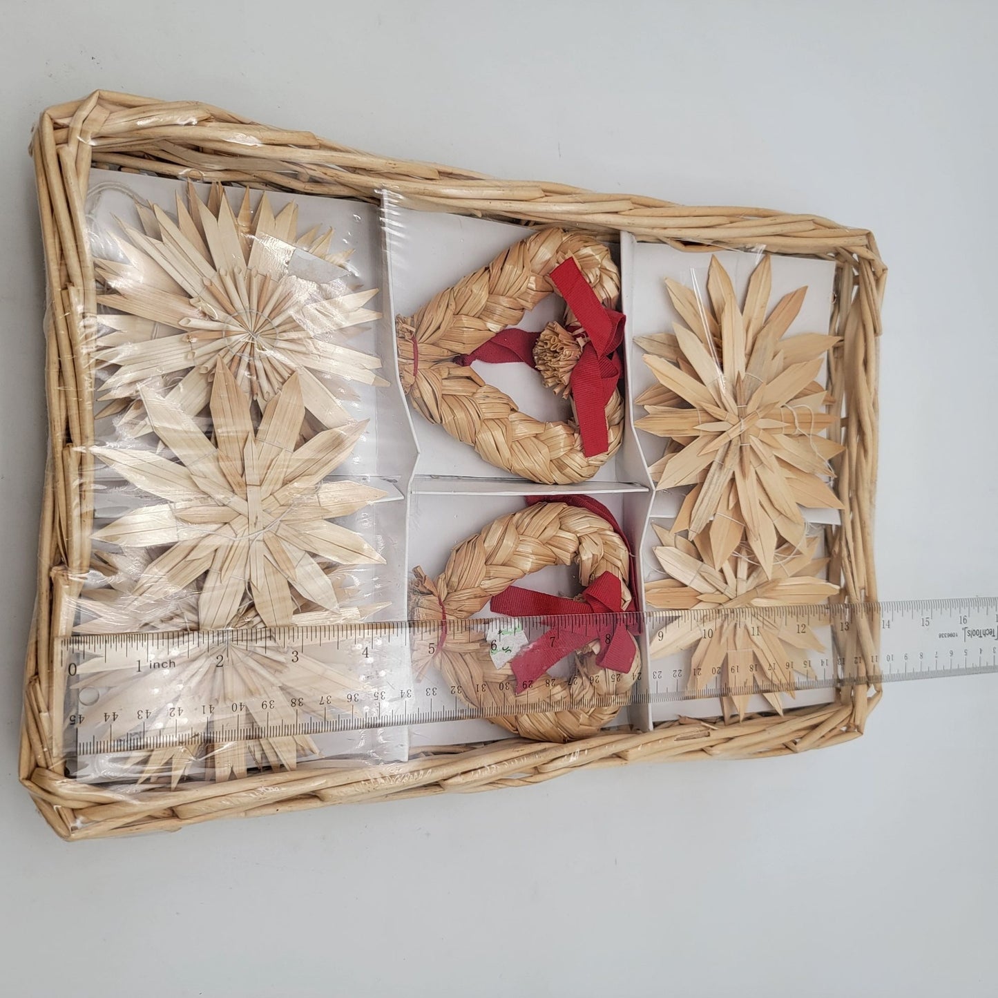 Ikea KOTTE 14 Straw Ornaments Set In Wicker Basket - NEW