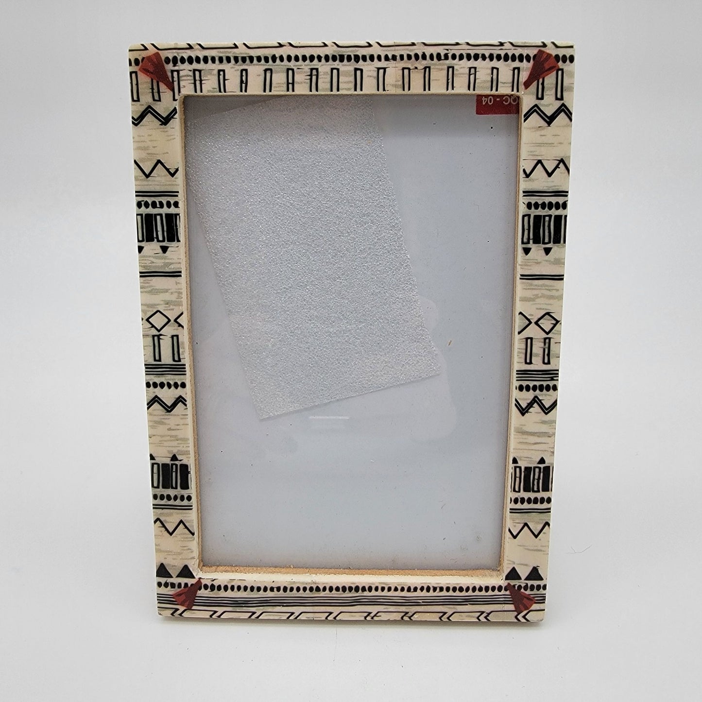 Inlaid Bone Picture Frame With Geometric Black & Red Patterns