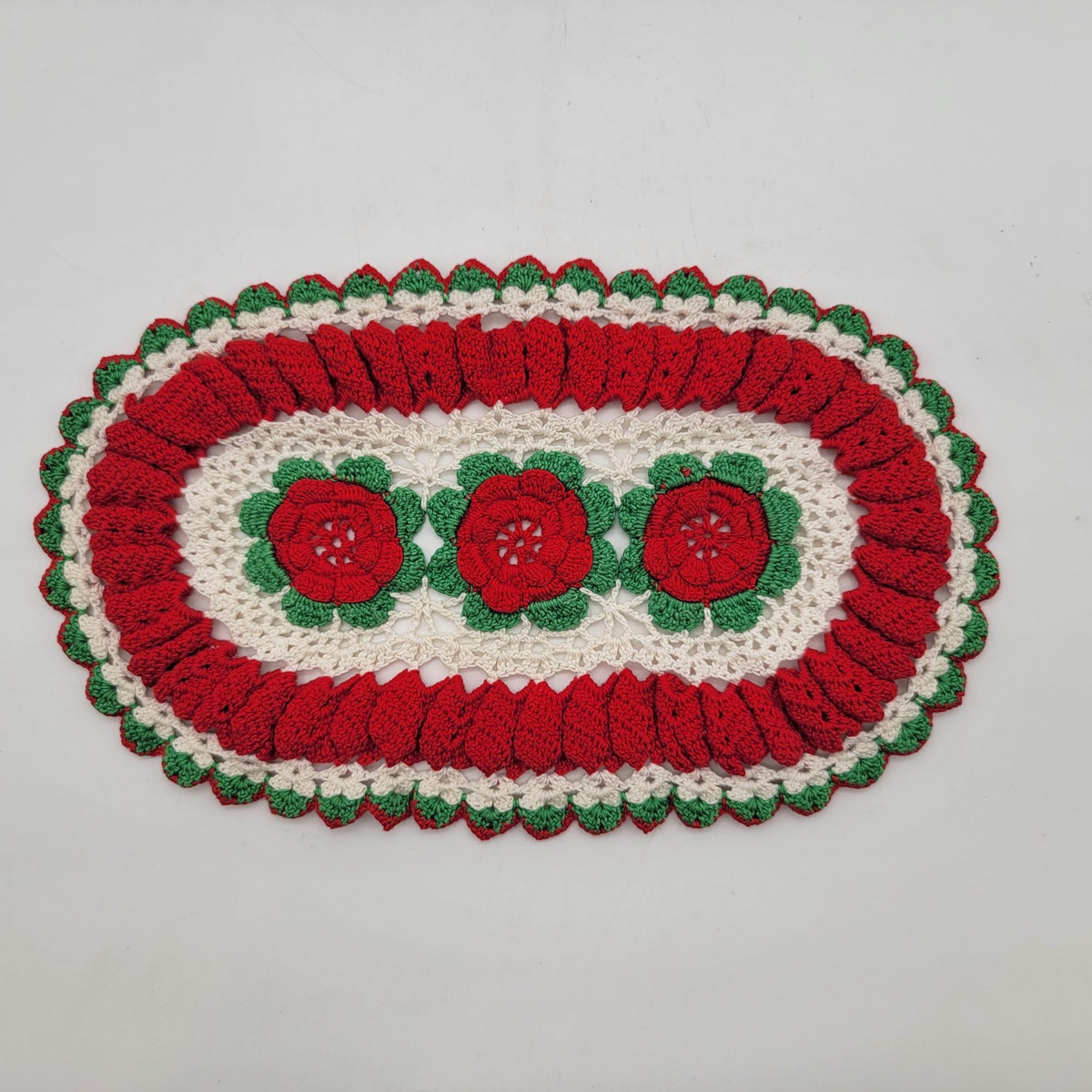 Vintage Oval Crochet Red Irish Rose Doily