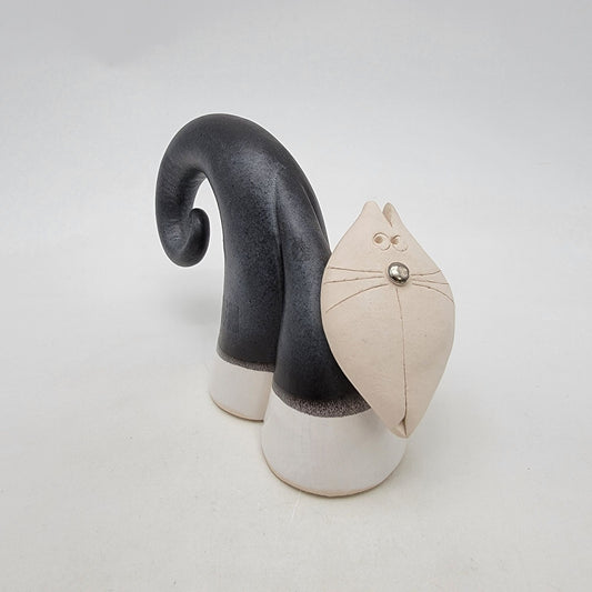 Quirky Curly Tail Cat Art Pottery Sculpture