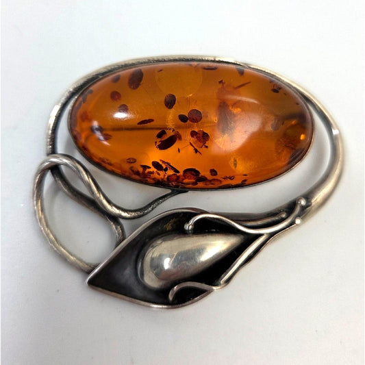 Art Nouveau Sterling Silver Honey Cognac Baltic Amber Calla Lily Brooch