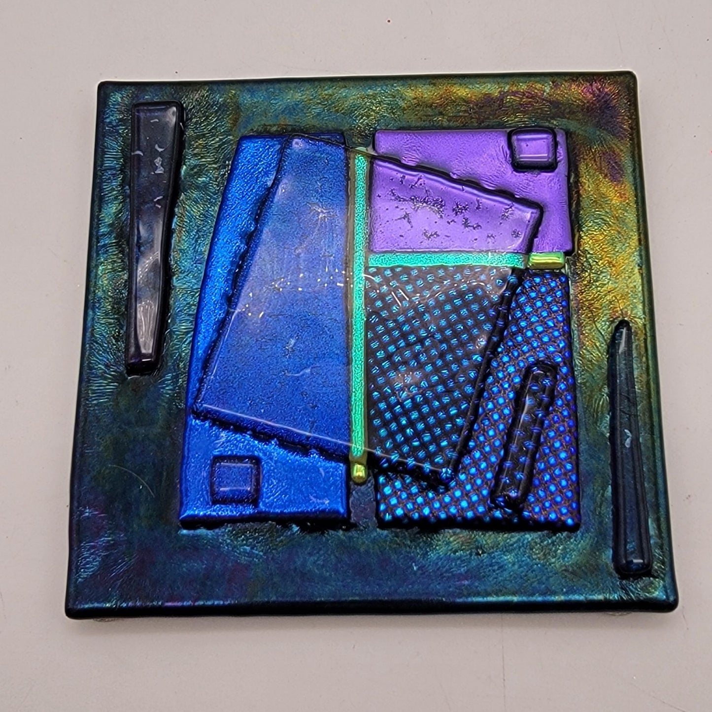 Abstract Blue Fused Dichroic Art Glass Square Coaster