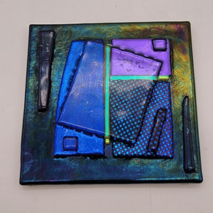 Abstract Blue Fused Dichroic Art Glass Square Coaster