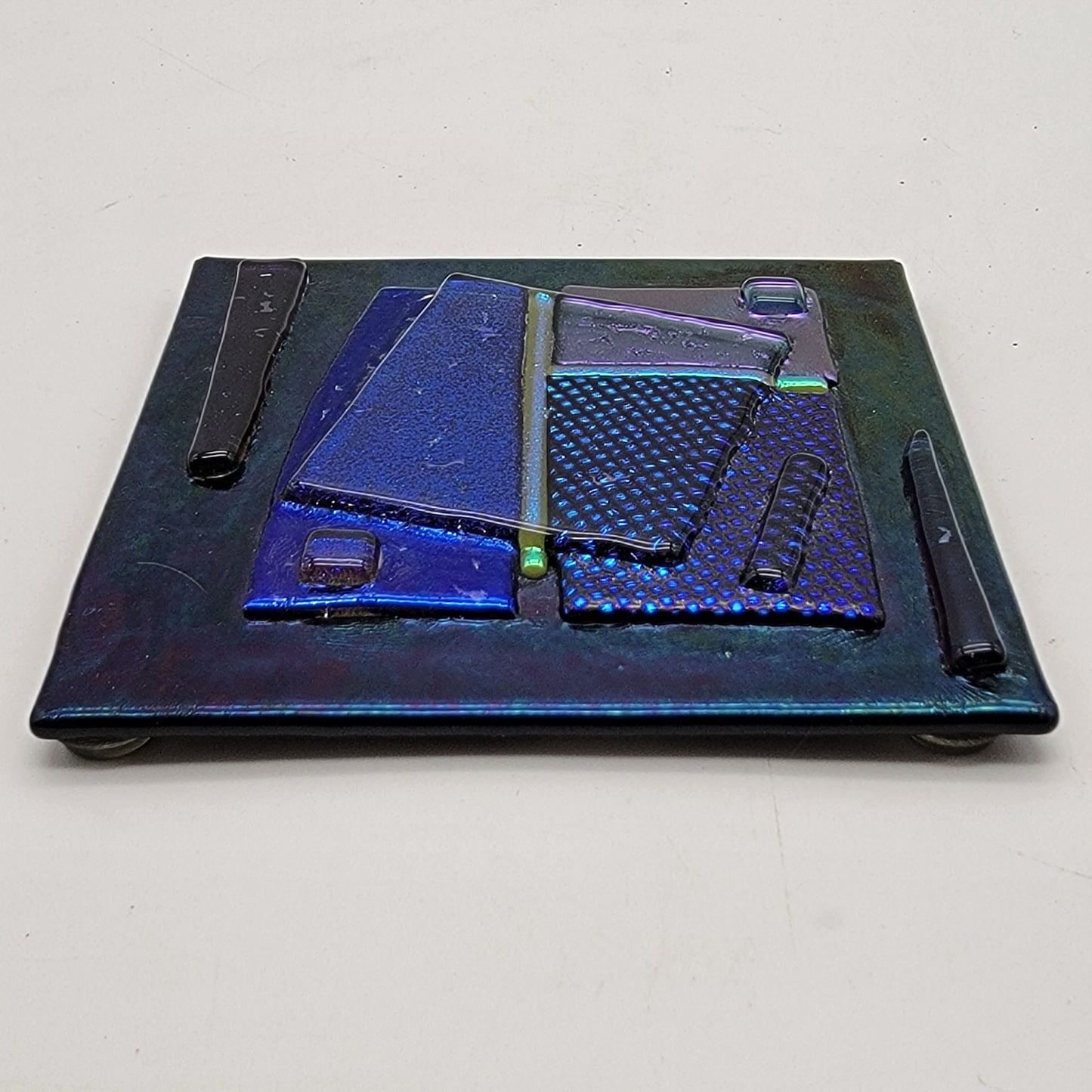 Abstract Blue Fused Dichroic Art Glass Square Coaster