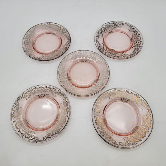 Set Of 5 Vintage Pink Depression Glass Plates With Silver Overlay Scroll Pattern
