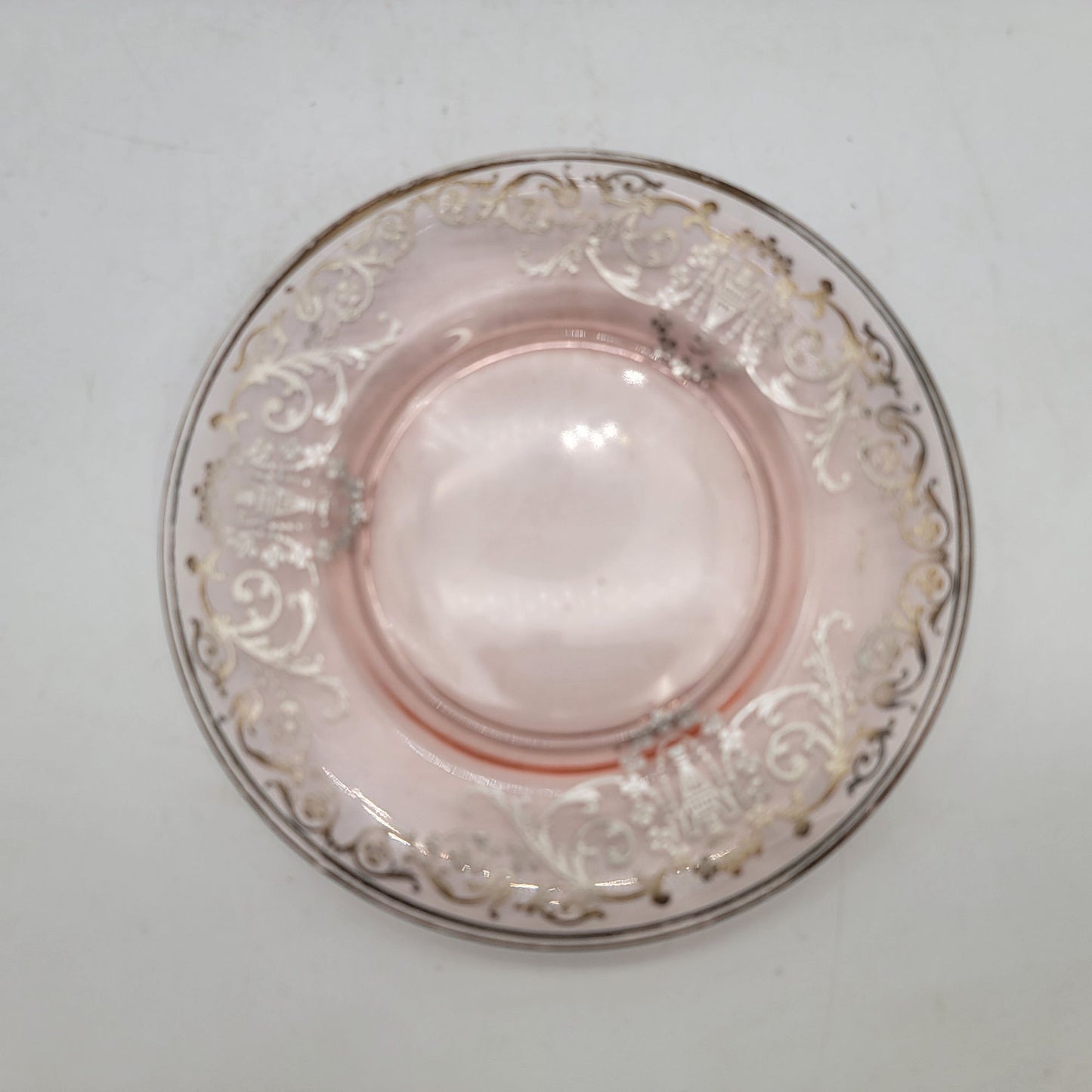 Set Of 5 Vintage Pink Depression Glass Plates With Silver Overlay Scroll Pattern