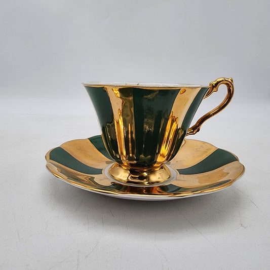 Vintage Rosina Fine Bone China Green & Gold Teacup And Saucer Set