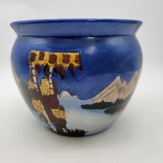 Vintage Japanese Planter Hand Painted Jardiniere With Mountain Scene