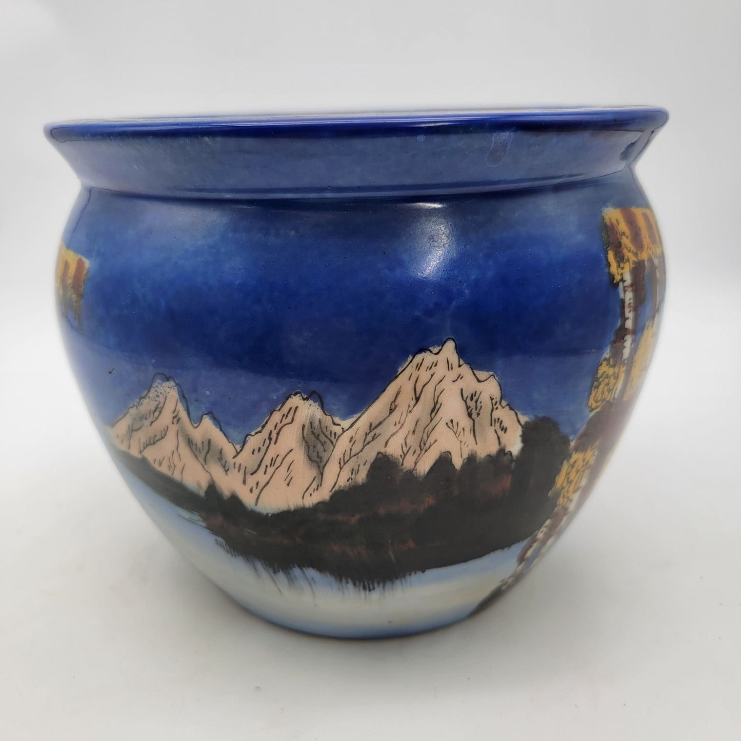 Vintage Japanese Planter Hand Painted Jardiniere With Mountain Scene