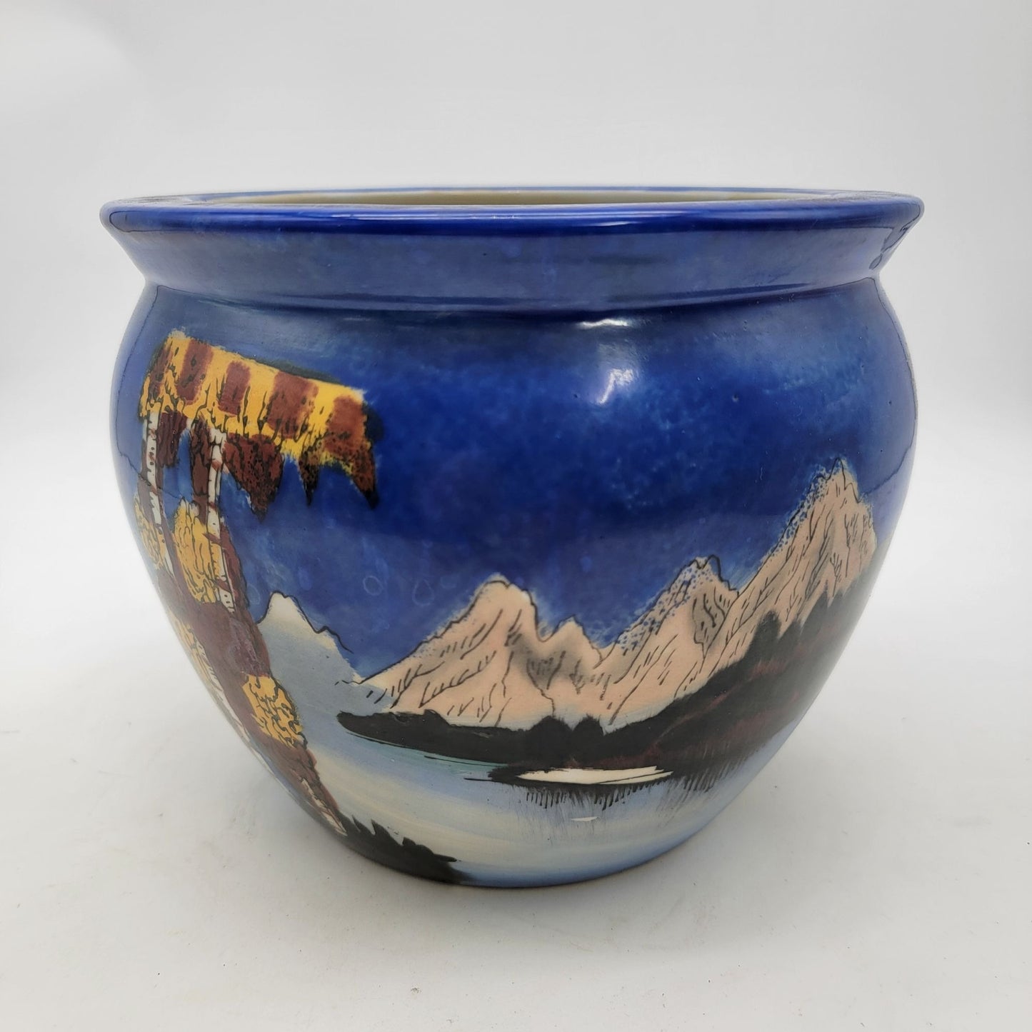 Vintage Japanese Planter Hand Painted Jardiniere With Mountain Scene