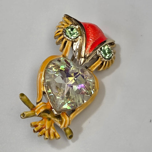 Vintage Enameled & Crystal Owl Brooch