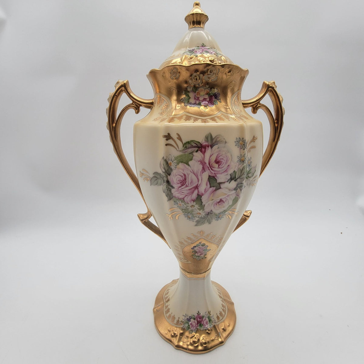 Antique Royal Crown Hand-Painted Porcelain Vase with Lid