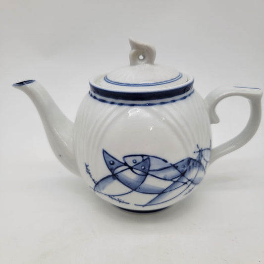 Vintage Porcelain Teapot With Hand-Painted Blue Fish Design & Ornate Lid